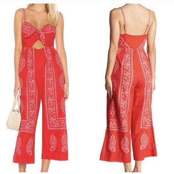 Free People Jumpsuit Size 6 Feel the Sun Red Linen Blend Wide Leg Pockets Boho - Picture 3 of 12